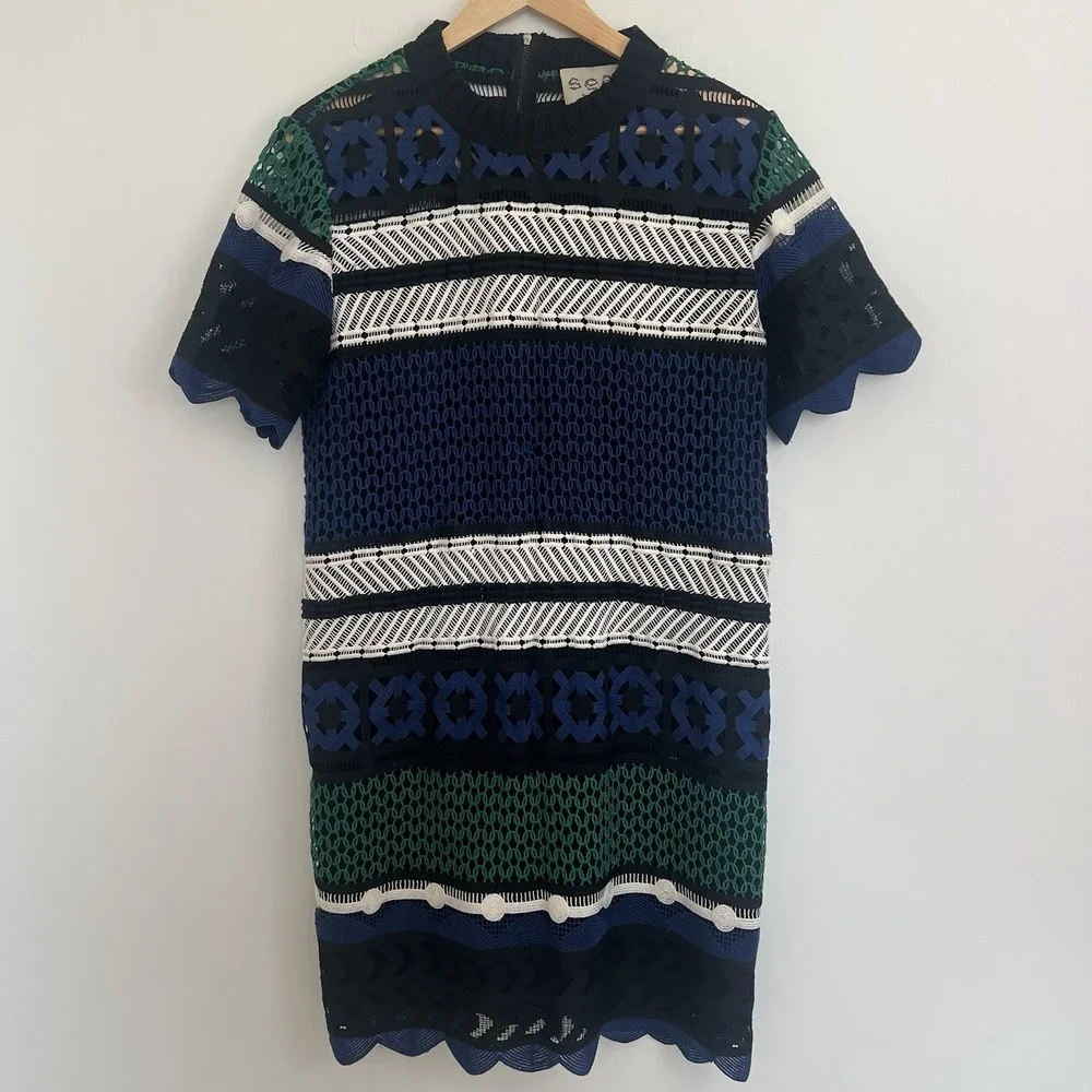 Sea New York crochet dress size 10 Black/Blue/Green Contemporary Scalloped Hem - Picture 1 of 11